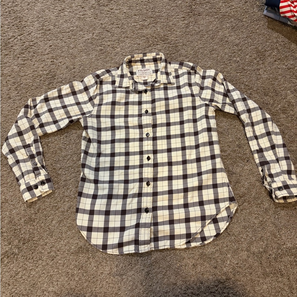 Filson Alaskan Guide Flannel Shirt Top Cream & Brown Plaid Women's Small